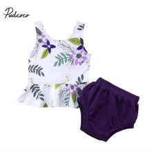 2018 Brand New Newborn Toddler Baby Girls Summer Lovely Clothes Sets Sleeveless Floral Print Ruffles Vest Tops Solid Shorts 2PCS 2024 - buy cheap