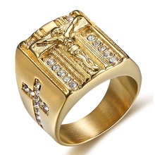 Anel cruz cristã de jesus, anel dourado para mulheres e homens, anéis para casais, cristal branco, zircônia para casamento 2024 - compre barato