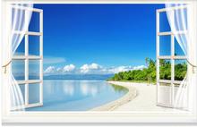 Papel de parede com foto personalizada 3d, murais, exterior da janela, cenário, céu azul e branco, nuvem, praia, fundo de parede 2024 - compre barato