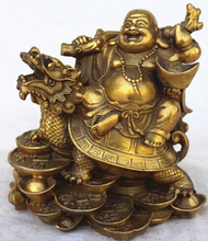 free shipping Chinese Copper Wealth Money Happy Laugh Maitreya Buddha On Dragon Turtle Statue 2024 - buy cheap