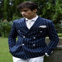 Esmoquin azul marino para novio, chaqueta de doble botonadura, traje informal para hombre, trajes de fiesta de graduación de Boda (chaqueta + pantalones) s18 2024 - compra barato