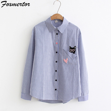 Embroidery Women Blouses 2021 Long Sleeve Shirts Female Cute Cats Embroidery Shirts Blue Striped Blouse Top Camisas Femininas XL 2024 - buy cheap