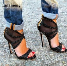 Sandália feminina salto fino com cristais, calçado feminino luxuoso preto com cristais 2024 - compre barato