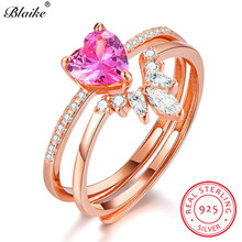 Conjunto de anel de prata esterlina 925 blaike, pedra de safira rosa, feminino, empilhamento de coração, alianças de casamento 2024 - compre barato