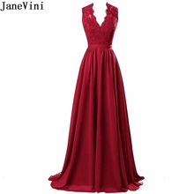 JaneVini Burgundy Chiffon Long Bridesmaid Dresses Sexy Deep V Neck Lace Appliques Beaded Backless A Line Women Formal Prom Gowns 2024 - buy cheap
