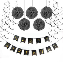Juego de decoración de papel negro (Cartel de feliz cumpleaños, espirales de papel de aluminio, pompones) para niños y niñas, fiesta de cumpleaños, primer cumpleaños, Baby Shower 2024 - compra barato