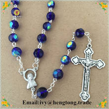 Freeship wholesale 8mm blue crystal glass beads religiour rosary necklace,crystal jewelry catholic rosary chain with alloy cross 2024 - buy cheap