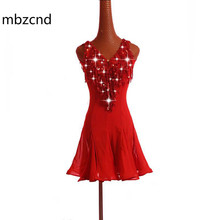 Brilhante vermelho sexy dança latina vestido feminino trajes de competição profissional personalizado salsa estiramento net lantejoulas borlas saia 2024 - compre barato