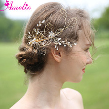 Pasador de hojas doradas para mujer, tocado de estrás, joyería de peinado, Clip para el pelo de boda, accesorios para el cabello de novia 2024 - compra barato