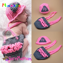 Crochet Pink Firefighter Baby Girl Hat Suspender Set Newborn Girls Fireman Photography Props Infant Halloween Costume MZS-16003 2024 - buy cheap