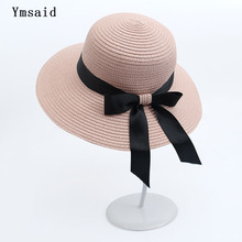 Ymsaid chapéu de sol, chapéu grande, preto, laço de verão, feminino, dobrável, de palha, chapéu de praia, chapéu panamá, aba larga, chapéu feminino boêmio, sombra 2024 - compre barato