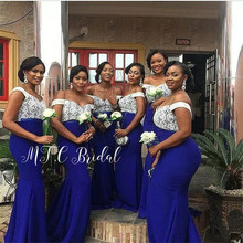 Wholesale African Bridesmaid Dresses 2019 Mermaid Royal Blue Elastic Satin White Lace Top Long Wedding Party Dress Cheap 2024 - buy cheap
