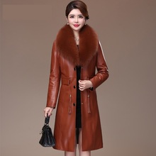 Roupas de luxo casaco de pele de Carneiro para mulheres jaqueta de couro Real natural Fox gola de pele casaco Longo casaco de couro genuíno das mulheres 4382 2024 - compre barato