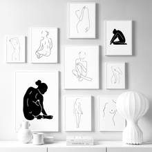 Cuadro sobre lienzo para pared de mujer, línea abstracta en blanco y negro, Cuerpo desnudo, carteles nórdicos e impresiones de imágenes de pared para sala de estar 2024 - compra barato