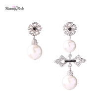 Banny Pink Asymmetrical Imitation Pearls Studs Earrings For Women Elegant Crystal Pendant Earrings Metal Flower Post Earrings 2024 - buy cheap