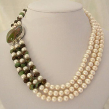 New Arriver Pearl Jewellery,Classic 3 Rows 7-8mm White Freshwater Pearls Green Ja-de Necklace,Perfect Women Chirtstmas Gift 2024 - buy cheap