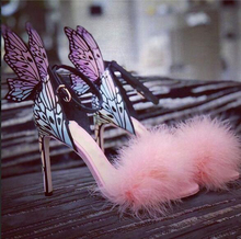 Summer Pink Fur Butterfly Wings Sandals Woman New Thin High Heels Wings Print Wedding Shoes Women Sandalias 2024 - buy cheap