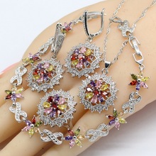 Silver Color Jewelry Sets Women Multi Color Semi-precious Necklace Pendant Bracelets Earrings Rings Christmas Gift 2024 - buy cheap