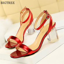 BIGTREE Open Toe Women Office Lady Shoes Concise Patent Leather High Heels Women's Buckle Transparent Crystal Heels Sandals 2024 - buy cheap