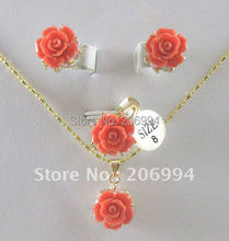 Free shipping coral diamante Necklace pendant ring earring fashion jewelry set #362 2022 - buy cheap