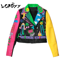 Lordxx jaqueta colorida de arco-íris feminina, nova moda estampada, manga amarela, curta, jaqueta de couro com zíper, casaco de motocicleta, 2019 2024 - compre barato