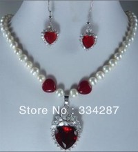 Новый 7-8 мм белый Akoya культивированный жемчуг и сердце красное ожерелье с кристаллами из циркона серьги Набор 18" 2024 - купить недорого