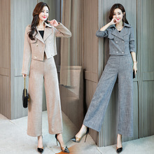 Women's suit short suit wide leg pants two-piece female 2019 autumn new fashion temperament solid color versatile coat shirt 2024 - buy cheap