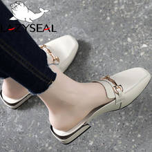 LazySeal Cow Suede Square Toe Slippers Shoes Heels Metal Decorationg Women Slides New Summer Woman Mules Shoes Ladies Slippers 2024 - buy cheap