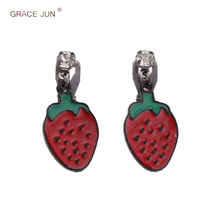 GRACE JUN Vintage Style Rhinestone Enamel Red Strawberry Shape Clip on Earrings Without Piercing for Women Party Cute Ear Clip 2024 - buy cheap