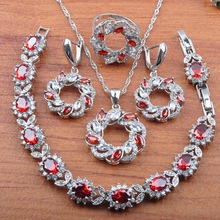 Conjunto de joias de luxo, vermelho, zircônia, cor de prata, joias de casamento, brincos, colar, pingente, anéis, pulseira, conjuntos js0378 2024 - compre barato