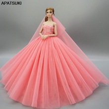 Vestido de boneca coral para barbie, roupas de boneca para festa à noite de alta qualidade, vestido de casamento + véu 1/6, acessórios de boneca 2024 - compre barato