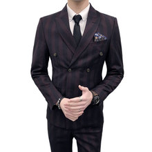 ( Jacket + Vest + Pants ) Men's Fashion Boutique Striped Casual Business Suit / Men's Double Breasted Suit Groom Wedding Suits 2024 - buy cheap