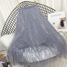 NEW 2019 Korean spring Summer Tulle Skirt Women sequined Long Pleated tutu Skirt party A-line mesh midi Skirt female PZ1310 2024 - buy cheap