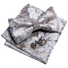 LF-801 Barry.Wang 2018 Men`s Silk Bowtie Sliver Floral Fashion Butterfly Pocket Square Bow Ties For Men Wedding Business Party 2024 - buy cheap