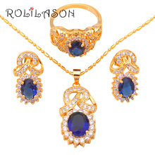 Delicado pendiente de tono dorado, conjunto de joyas de anillo, anillo con cristal azul austriaco, Sz #8 #7 #9 JS431 2024 - compra barato