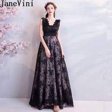 JaneVini 2018 Vintage Black Lace Long Bridesmaid Dresses A Line Deep V Neck Sleeveless Sweep Train Plus Size Dresses Prom Wear 2024 - buy cheap