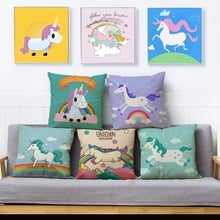 Funda de almohada con estampado de unicornio y Pegaso, cubierta de cojín de lino con dibujos animados, 45x45, para sofá, decoración de hogar 2024 - compra barato