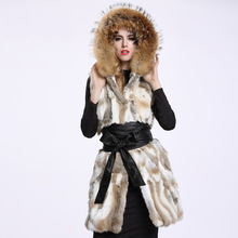 Real genuine naturla rabbit fur coat vest women gilet with hood ladies jacket  raccoon fur collar custom any size 90CM length 2024 - buy cheap