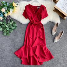 Amolapha Women Summer Solid V-neck Ruffled Short-sleeved Wrap Dresses Woman High Waist Sashes Dress Vestidos 2024 - buy cheap