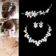 TREAZY Fashion Flower Crystal Pearl Bride 3pcs Set Necklace Earrings Tiara Bridal Wedding Jewelry Set Accessories For Women 2024 - buy cheap