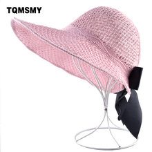 Djmsmy chapéus de verão para mulheres, moda rabo de cavalo, chapéu de palha elegante com laço, dobrável, chapéu de sol para mulheres, aba larga, viseira, capstmp71 2024 - compre barato