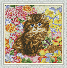 Kit de punto de cruz con estampado de gato en la flor, lienzo bordado artesanal, costura hecha a mano, aida, 14ct, 11ct 2024 - compra barato