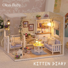DIY Kitten Diary Doll House Miniature Furniture With Dust Cover 3D Wooden Delicate Dollhouse Toys for Children Birthday Gifts 2024 - buy cheap