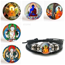 Buddha Glass Cabochon Jewelry Black Button Leather Bracelet Buddha Chain Buddhist Good Luck Amulets Men Religion Gifts 2024 - buy cheap
