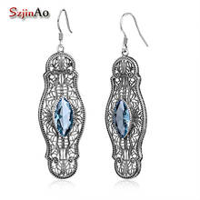 Szjinao Wholesale Blue Aquamarine Earrings Bohemia Solid 925 Sterling Silver Dangle Flower Vintage Jewelry From India 2024 - buy cheap