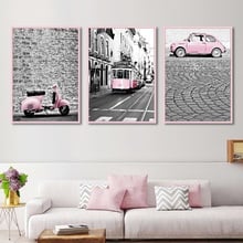 Nordic rosa preto e branco cor rosa carro trem pintura da lona paisagem arte parede fotos para sala de estar decoração casa 2024 - compre barato