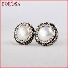 BOROSA 5Pairs Round Natural Pearl Earrings,Silver Rhinestone Pave Freshwater Pearl Stud Earrings for Women Fashion Jewely JAB046 2024 - buy cheap