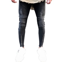 Мужские эластичные облегающие джинсы, байкерские брюки до бедра, на молнии, рваные брюки, Прямая поставка 2024 - купить недорого