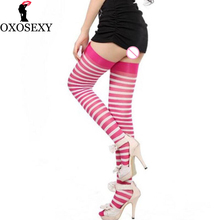 Calcetines largos por encima de la rodilla para mujer, medias sexys a rayas, hasta el muslo, color verde rosado rojo y negro, 485 2024 - compra barato