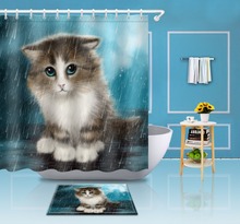 LB занавеска для душа с милым котом дождливый день набор с ковриком животные природный пейзаж Ванная комната Водонепроницаемая ткань из полиэстера для декора ванны 2024 - купить недорого